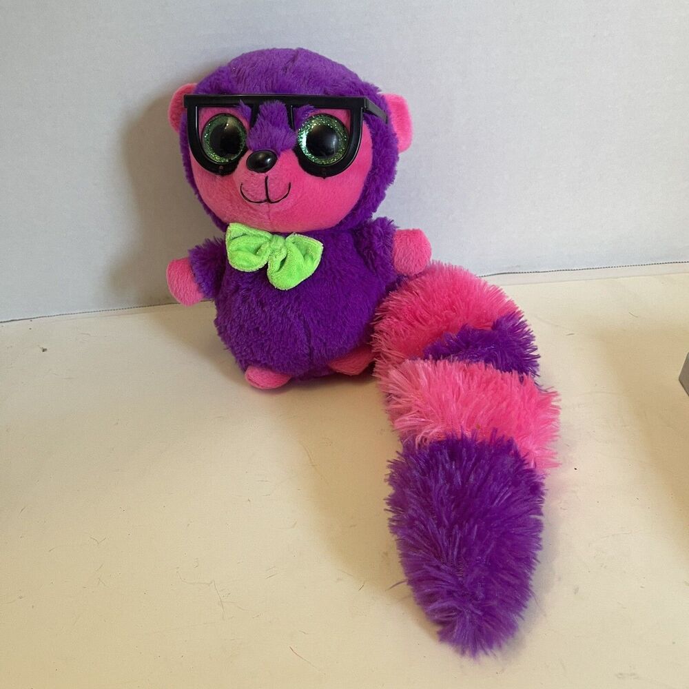 Ideal Toys Pink And Purple Raccoon Plush Glasses Stuffed Animal 8”